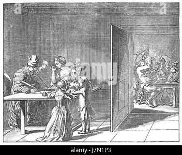 Ce titre fait référence à une illustration ou une œuvre d'art de Daniel Chodowiecki, probablement une partie de la série 'Basedow Tafel', avec Tafel 28a étant la pièce spécifique. Chodowiecki est un artiste allemand connu pour ses gravures et illustrations à la fin du XVIIIe siècle. Banque D'Images