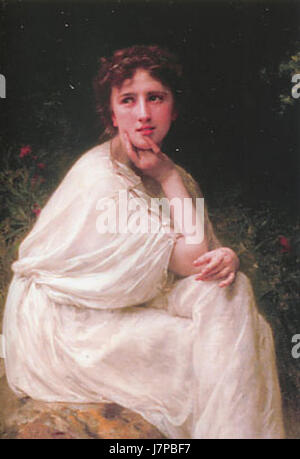 Cette peinture de l'artiste français William-Adolphe Bouguereau, intitulée « méditation », dépeint une figure réfléchie et sereine. La pièce souligne la maîtrise de Bouguereau dans la représentation de l'émotion humaine et du réalisme classique. Banque D'Images