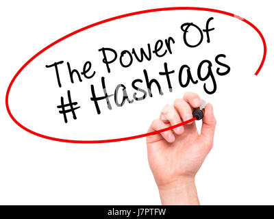 Man main écrit le pouvoir des Hashtags avec marqueur noir sur l'écran visuel. Isolé sur blanc. Le commerce, la technologie, internet concept. Stock Photo Banque D'Images
