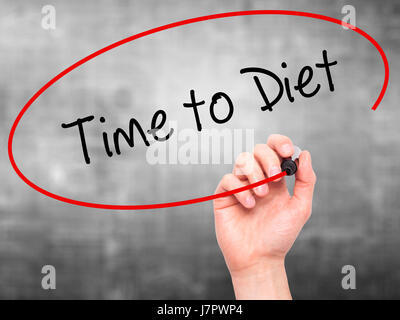Man main écrit le temps d'alimentation avec marqueur noir sur l'écran visuel. Isolé sur le gris. Le commerce, la technologie, internet concept. Banque D'Images