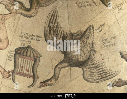 Cygnus et Lyra fait référence à une carte stellaire du célèbre cartographe flamand Gerardus Mercator, représentant les constellations Cygnus et Lyra. Ces constellations sont importantes en astronomie, représentant respectivement un cygne et une lyre, et sont des éléments clés dans le ciel septentrional. Banque D'Images