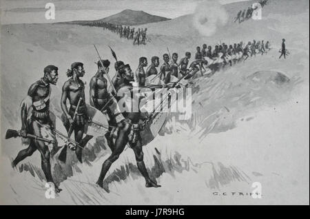 L'attaque du régiment zoulou lors de la bataille d'Isandlwana en 1879, où les forces zoulou ont vaincu de manière décisive les Britanniques, marquant un événement important dans la guerre anglo-zoulou. Banque D'Images