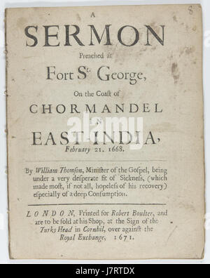 Un sermon prêché à Fort St George sur la côte de Chormandel en est de l'Inde, le 21 février 1668 Banque D'Images