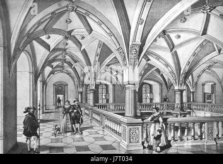 Cette œuvre de Carl Beisbarth montre la vue intérieure du rez-de-chaussée de Neues Lusthaus, un bâtiment historique. La scène met en évidence les caractéristiques architecturales et la conception complexe de l'espace, mettant en valeur la grandeur et l'esthétique de l'époque. Banque D'Images