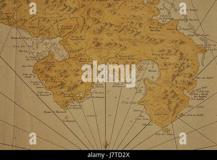Une carte détaillée de l'île de Martinique, mettant en évidence ses caractéristiques géographiques, ses établissements et ses zones clés. La carte reflète le tracé historique de l'île et sert d'outil important pour comprendre l'évolution coloniale et régionale des Caraïbes. Banque D'Images