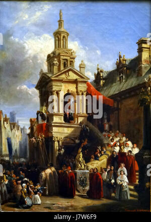 La peinture de Clément Boulanger 'la procession de la Gargouille' au MusÃ©e des Beaux-Arts de Rouen capture une procession historique, mettant en valeur un moment de l'histoire culturelle française. L'œuvre met en valeur un mélange de traditions religieuses et folkloriques à travers des détails complexes de l'événement. Banque D'Images