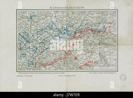 Cette référence à la 2e armée d'Allemagne pendant la première Guerre mondiale détaille les mouvements entre le 29 et le 30 août 1914, marquant des actions militaires clés au début de la guerre. Banque D'Images