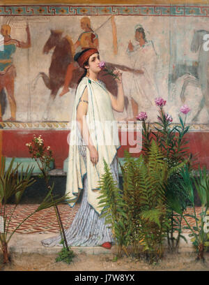 'Une femme grecque' est une peinture de Lawrence Alma-Tadema, célèbre pour ses représentations de l'antiquité classique. L'œuvre représente une femme grecque, reflétant l'accent détaillé de Tadema sur la culture et la beauté grecques anciennes. Banque D'Images