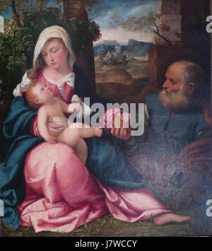 « Rest on the Flight into Egypt » de Bonifacio Veronese, créé dans les années 1530, représente un moment de la fuite de la Sainte famille vers l'Égypte. L'œuvre est conservée au musée de l'Ermitage. Banque D'Images