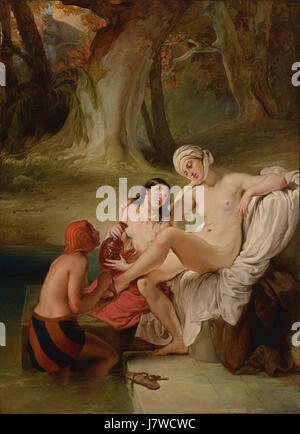 Cette œuvre représente la figure biblique Bathsheba Bathsheba Bathing, un événement de l'histoire de l'ancien Testament du roi David. Il met en valeur le moment de son nettoyage rituel, souvent un sujet dans l'art classique représentant des thèmes de beauté, de séduction et de péché. Banque D'Images