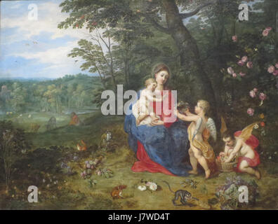 « Rest on the Flight into Egypt » de Jan Brueghel et Hendrick van Balen est une peinture religieuse représentant la Sainte famille se reposant pendant leur voyage en Égypte. L'œuvre combine un naturalisme détaillé et des couleurs vibrantes typiques du baroque flamand Banque D'Images