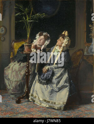 Cette peinture, Onder de palmen d'Alexander Hugo Bakker Korff, représente un paysage serein sous des palmiers. L'œuvre reflète l'attention de Korff à la beauté naturelle et son expertise dans la capture de la lumière et de l'ombre. Banque D'Images