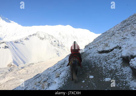 Les moines sont à cheval en prenant rendez-vous montagne , lac Tilicho Nepal Banque D'Images