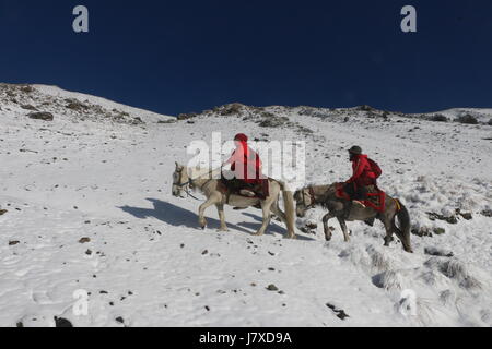 Les moines sont à cheval en prenant rendez-vous montagne , lac Tilicho Nepal Banque D'Images