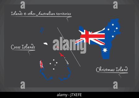 Îles Cocos et l'île de Noël carte avec drapeau national australien illustration Illustration de Vecteur