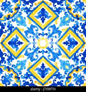 Tuiles azulejo portugais. Motif transparent aquarelle Banque D'Images