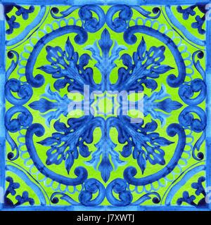 Tuiles azulejo portugais. Motif transparent aquarelle Banque D'Images