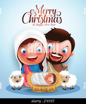 Belen avec Jésus né en crèche, Belen avec Joseph et Marie vector caractères dans la nuit de Noël avec Joyeux Noël bonjour. Vector illustration Illustration de Vecteur