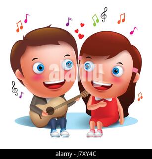 Deux jeunes enfants couple heureux de chanter une sérénade avec guitare pour la St Valentin en position assise isolé en fond blanc. Les caractères vectoriels. Illustration de Vecteur