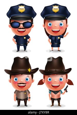 Policier, agent de police, le shérif et cowgirl set caractères vectoriels avec sourire amical avec isolé en uniforme blanc. Vector illustration. Illustration de Vecteur