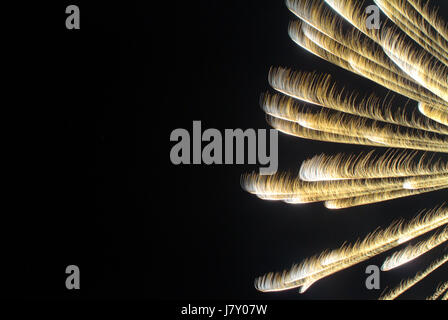 Un seul éclat de blanc-jaune à plumes d'artifice dans le ciel nocturne. Banque D'Images