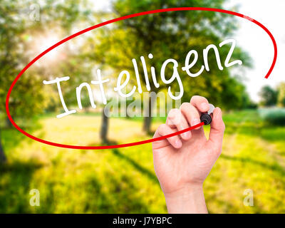 Man main écrit Intelligenz Intelligence (en allemand) avec marqueur noir sur l'écran visuel. Isolé sur fond. Le commerce, la technologie, internet conce Banque D'Images