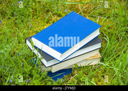 Pile de livres divers dans l'herbe verte fraîche. Banque D'Images