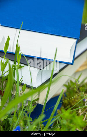 Pile de livres divers dans l'herbe verte fraîche. Banque D'Images