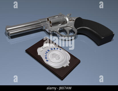 Pistolet revolver badge police arme bouclier bleu objet argent energy power Banque D'Images