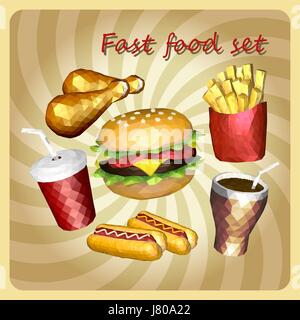 Polygon retro style fast foods, se composent d'hamburger, poulet frit, hot-dog, frites et boisson Illustration de Vecteur