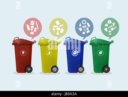 Différentes couleurs de wheelie bins fixé avec l'icône des déchets, illustration de concept de gestion des déchets Illustration de Vecteur