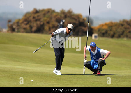 L'ancien président des États-Unis, Barack Obama, lors d'un parcours à St Andrews Golf Club, près de Dundee en Ecosse. Banque D'Images