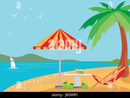 Vacances d'été sur la plage, avec paysage de mer bleue, des vacances d'été, télévision style design, illustration vectorielle. Illustration de Vecteur