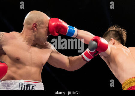 Chicago, USA. 26 mai, 2017. Qu Peng (R) de la concurrence de la Chine contre Robbie Mendez de l'United States duirng leur Top Rank Boxing combat cruiserweight à Chicago, aux États-Unis, le 26 mai 2017. Credit : Ting Shen/Xinhua/Alamy Live News Banque D'Images