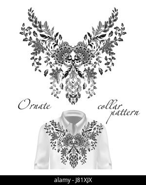 Broderie fleurs ethnique vecteur cou motif. Fleur bleu graphiques design fashion portant. Présenté sur la chemise blanche de la mise en page. Illustration de Vecteur