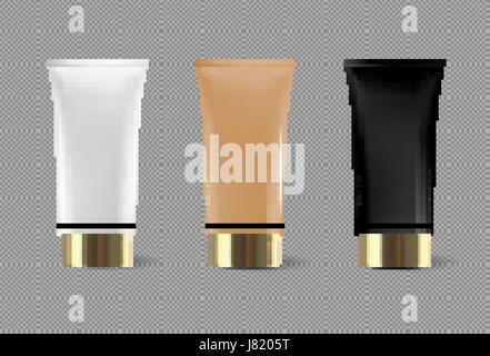 Tube de crème ou crème isolés vecteur modèle pour produit de soins de la peau. Hydratant visage Premium set forfaits avec couvercle ou bouchon d'or sur fond transparent Illustration de Vecteur