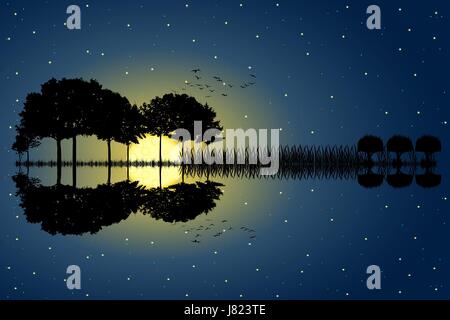 Arbres disposés en forme d'une guitare sur un fond de ciel étoilé dans une nuit de pleine lune. L'île de musique avec une guitare reflet dans l'eau. Vector Illustration de Vecteur