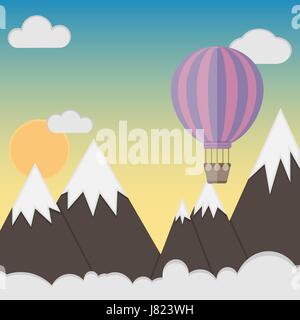 Ballon à air chaud violet survolant les montagnes. Modèle plat, vector illustration. Illustration de Vecteur