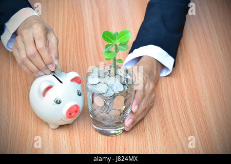 Businessman drop pièce dans la tirelire et pièces avec arbre en verre pour la croissance en finances Banque D'Images