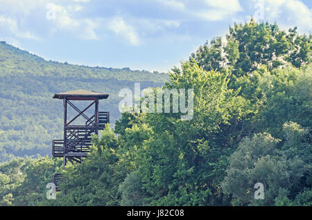 Coffret bois regarder post, garde vie situé sur une colline verte près de la mer, ciel bleu Banque D'Images