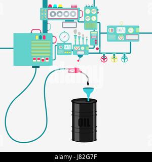 L'usine de machines et de ravitaillement en pétrole raffinage le baril. Le baril de pétrole étant comblé par une huile avec pompe à gaz. Illustration de Vecteur