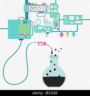 L'usine de machines et de ravitaillement en pétrole raffinage un bécher. Avec tube rempli par une expérience chimique avec de l'huile de la pompe à gaz. Illustration de Vecteur