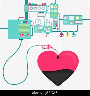 L'usine de machines et de ravitaillement en pétrole raffinage un coeur. Forme de coeur d'être rempli par un gaz d'huile avec pompe. Illustration de Vecteur