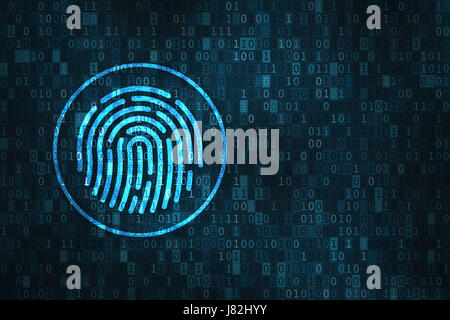 Concept de sécurité de l'empreinte numérique par l'icône de balayage du doigt plus de chiffres binaires background Banque D'Images