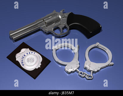 Pistolet revolver arme badge police menottes bouclier bleu objet argent energy Banque D'Images