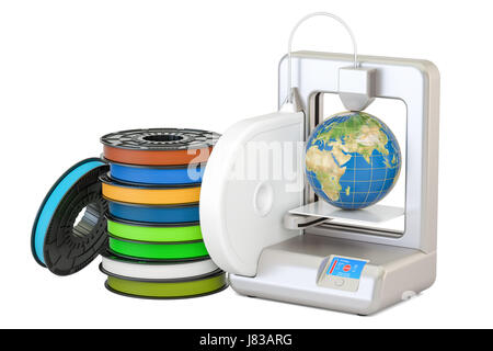 Imprimante 3D moderne avec globe de la Terre, rendu 3D isolé sur fond blanc Banque D'Images