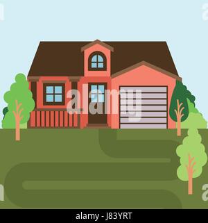 Paysage naturel coloré avec maison de campagne avec garage et grenier Illustration de Vecteur