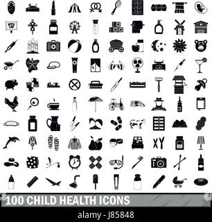 100 Santé de l'enfant, le style simple icons set Illustration de Vecteur