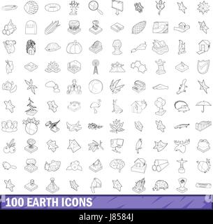 100 terre icons set style du contour, Illustration de Vecteur