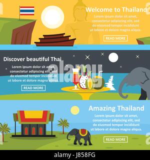 Thailand Travel banner ensemble horizontal, style plat Illustration de Vecteur